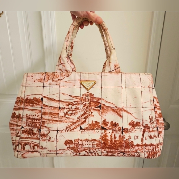 Prada Handbags - Prada Canapa Limited Edition Cream and Pink/Burgundy Printed Tote